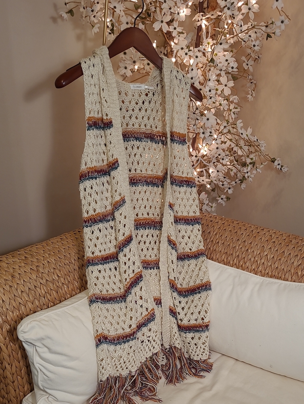 Blu Pepper Hooded Crochet Open Front Cardigan